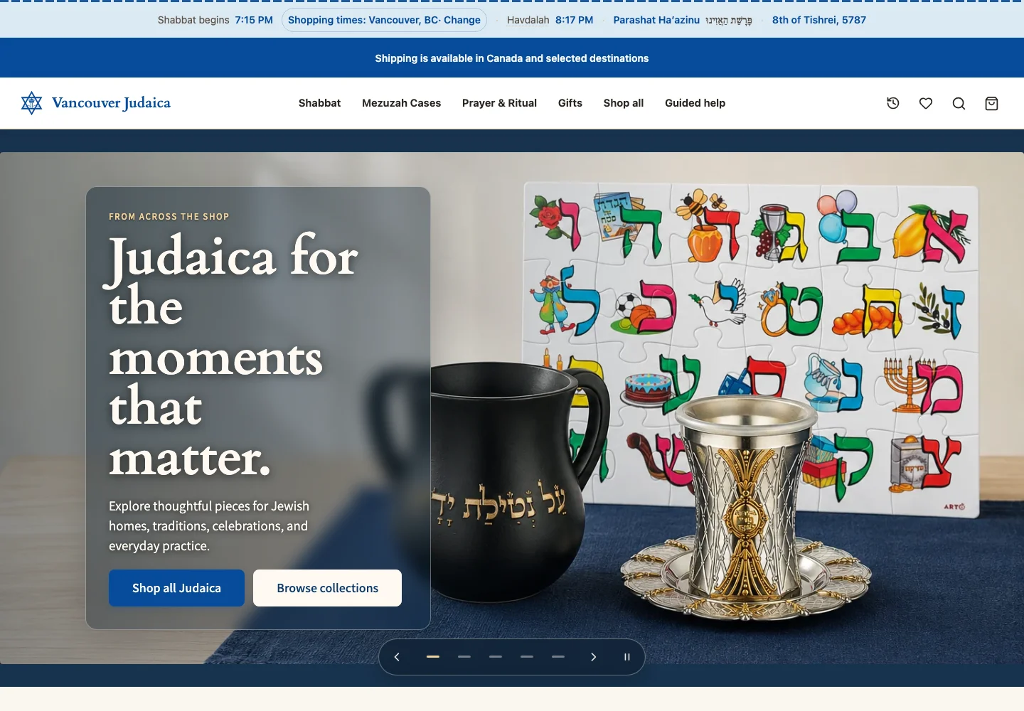 Vancouver Judaica homepage with Judaica photography and a link to shop all products
