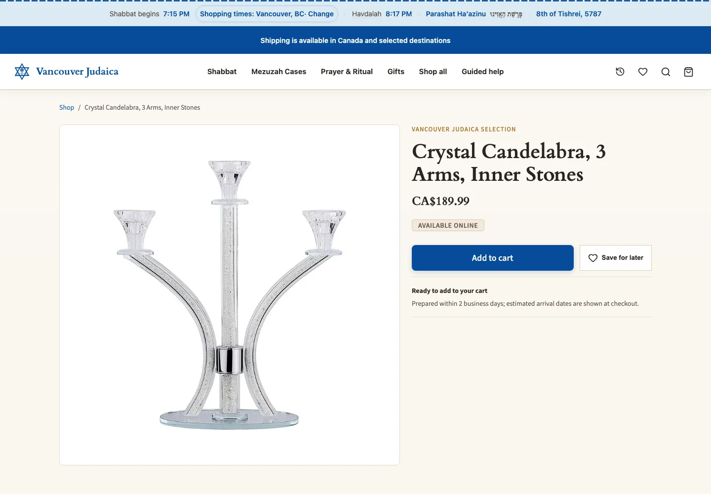 Vancouver Judaica crystal candelabra product page